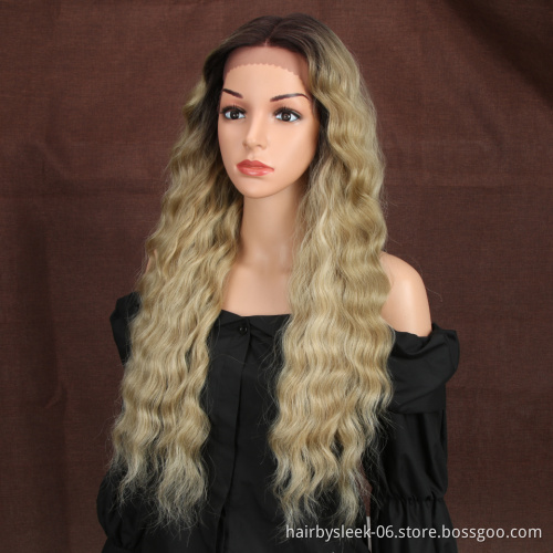 13X4 Synthetic Lace Front Wigs For Black Women 28"Inch Super Long Deep Natural Wave Ombre Blond Color Hair Fashion Wigs